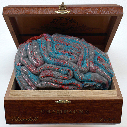 a wool handmade brain in a cigar box